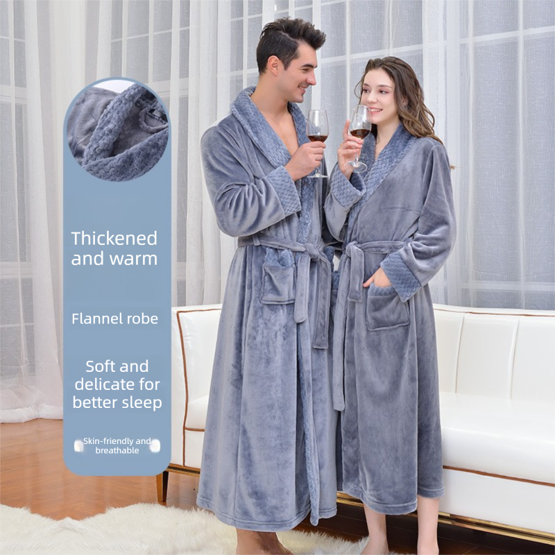 Pink 2XL size Plush Flannel Robe for Couples - Thickened Warm Bathrobe with Shawl Collar, Soft Fleece Material, Unisex Long Style for Winter Home Wear