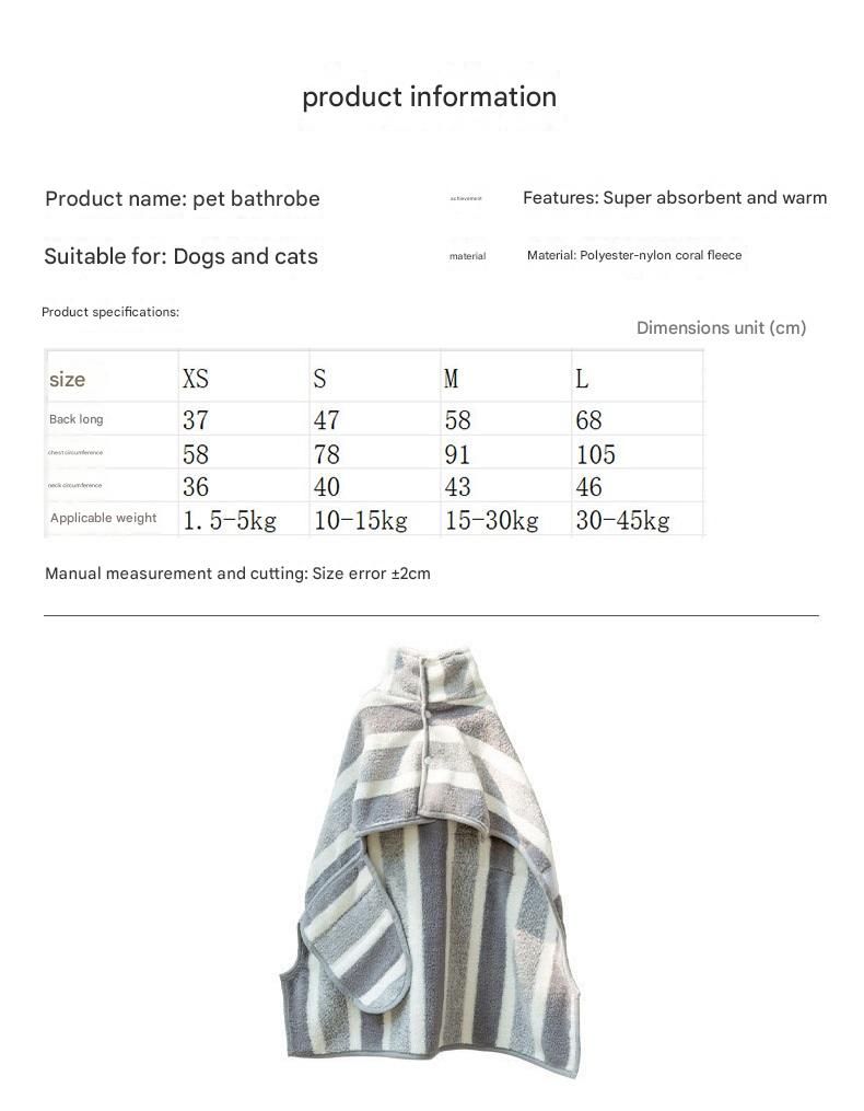 Grey and White XS Size Super Absorbent Dog Bathrobe – Quick-Dry Coral Fleece Pet Towel with Snaps & Adjustable Belly Strap | Wearable Drying Coat for Small Medium Large Dogs & Cats After Bath, Swim, Rain
