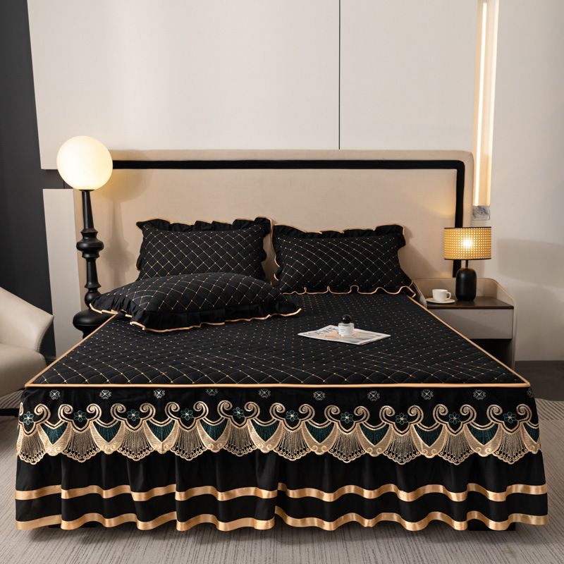 Black and Gold European Soft Brushed Quilted Bed Skirt + 2 Pillowcases Set - Breathable Padded 180 x 220CM Mattress Cover with Lace Trim and 45CM Elevated Valance, All Season Dust Protection