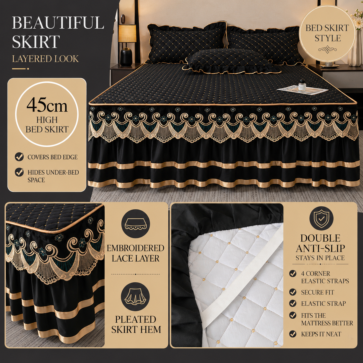 Black and Gold European Soft Brushed Quilted Bed Skirt + 2 Pillowcases Set - Breathable Padded 180 x 220CM Mattress Cover with Lace Trim and 45CM Elevated Valance, All Season Dust Protection