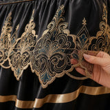 Blue and Gold European Soft Brushed Quilted Bed Skirt + 2 Pillowcases Set - Breathable Padded 200 x 220CM Mattress Cover with Lace Trim and 45CM Elevated Valance, All Season Dust Protection