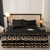 Purple and Gold European Soft Brushed Quilted Bed Skirt + 2 Pillowcases Set - Breathable Padded 180 x 200CM Mattress Cover with Lace Trim and 45CM Elevated Valance, All Season Dust Protection
