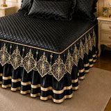 Purple and Gold European Soft Brushed Quilted Bed Skirt + 2 Pillowcases Set - Breathable Padded 200 x 220CM Mattress Cover with Lace Trim and 45CM Elevated Valance, All Season Dust Protection