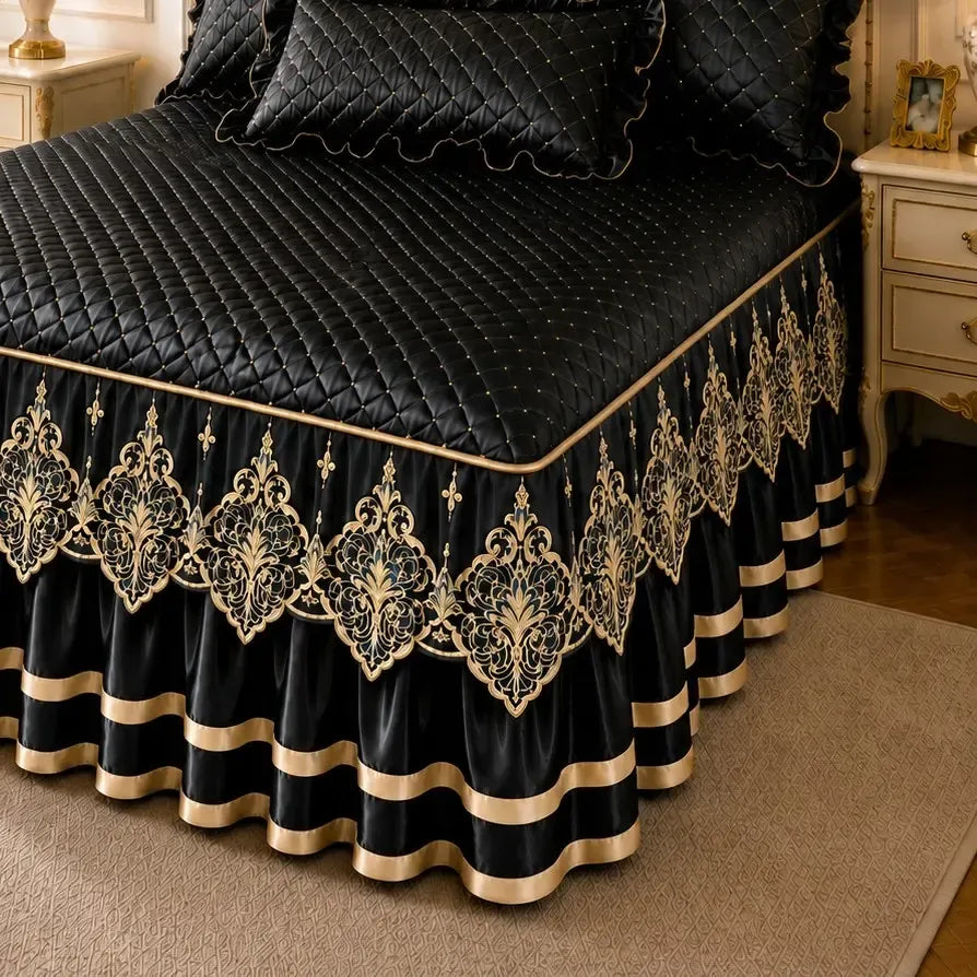 Green and Gold European Soft Brushed Quilted Bed Skirt + 2 Pillowcases Set - Breathable Padded 180 x 220CM Mattress Cover with Lace Trim and 45CM Elevated Valance, All Season Dust Protection