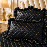 Grey and Gold European Soft Brushed Quilted Bed Skirt + 2 Pillowcases Set - Breathable Padded 180 x 220CM Mattress Cover with Lace Trim and 45CM Elevated Valance, All Season Dust Protection