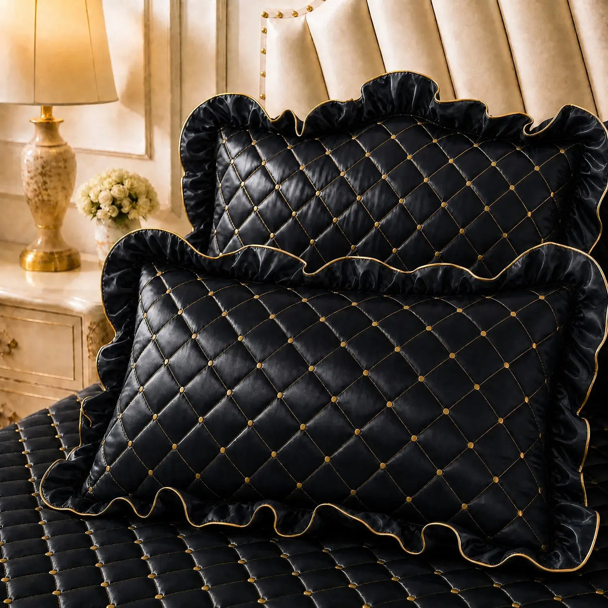 Grey and Gold European Soft Brushed Quilted Bed Skirt + 2 Pillowcases Set - Breathable Padded 200 x 220CM Mattress Cover with Lace Trim and 45CM Elevated Valance, All Season Dust Protection