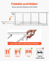 Foldable Bed Rail for Elderly, 122 cm Bedside Assist Rail with Fixing Strap, Adjustable Height Pipe Bedside Cane, High-Strength Metal Senior Bed Bar, Hand Guard Grab Fits King, Queen, Full, Twin