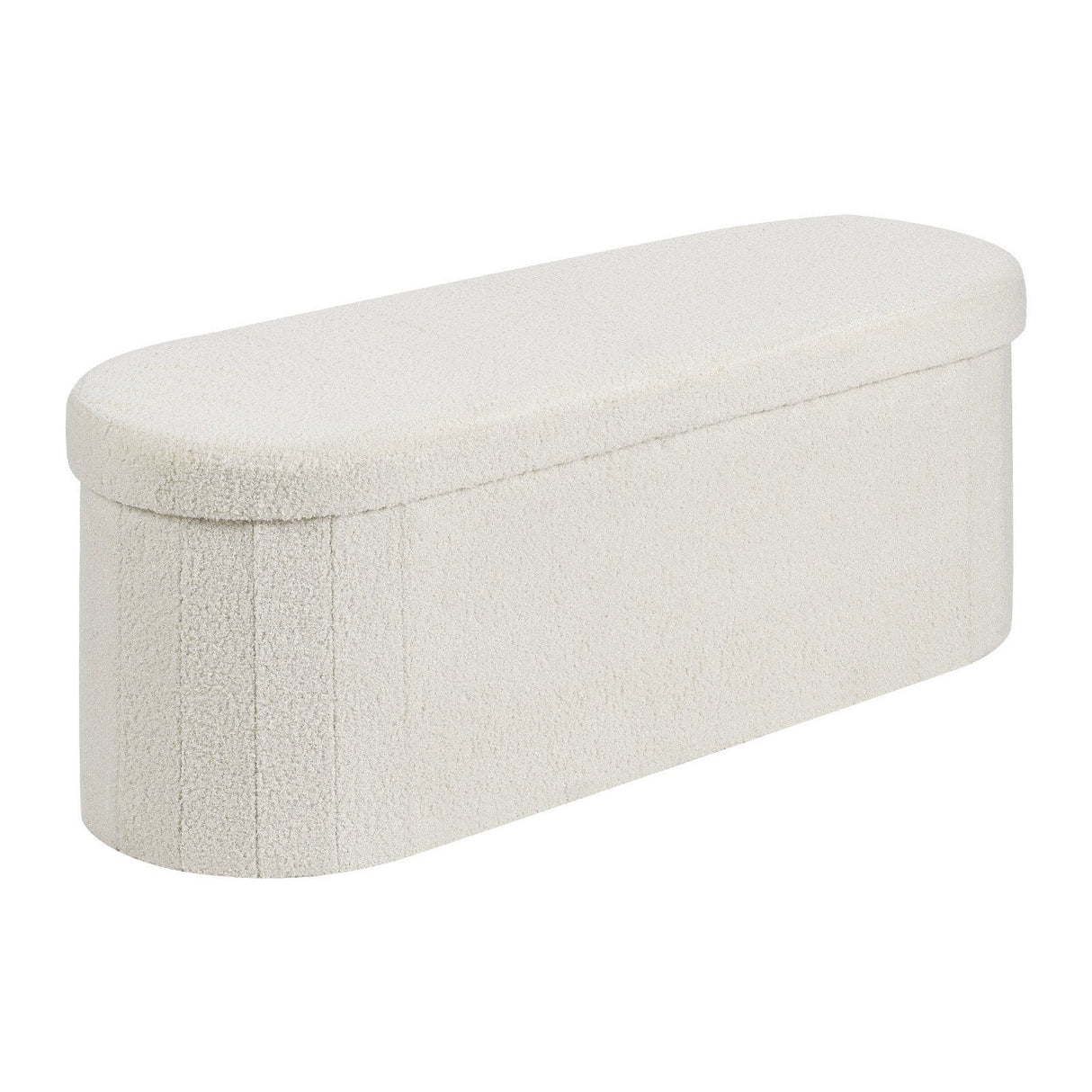 Oval Storage Ottoman Bench, Foldable Teddy Fleece End of Bed Bench, Folding Upholstered Bed Ottoman Chest with Large Storage Space, Supports 660 lbs, for Living Room, Bedroom, Entryway, Beige