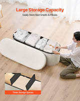 Oval Storage Ottoman Bench, Foldable Teddy Fleece End of Bed Bench, Folding Upholstered Bed Ottoman Chest with Large Storage Space, Supports 660 lbs, for Living Room, Bedroom, Entryway, Beige