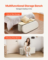 Oval Storage Ottoman Bench, Foldable Teddy Fleece End of Bed Bench, Folding Upholstered Bed Ottoman Chest with Large Storage Space, Supports 660 lbs, for Living Room, Bedroom, Entryway, Beige