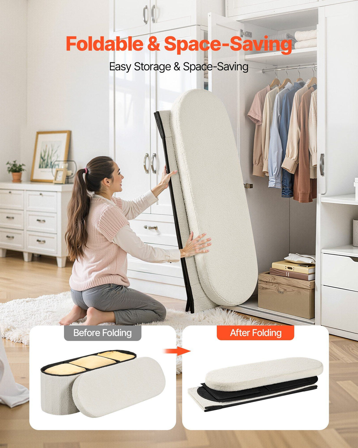 Oval Storage Ottoman Bench, Foldable Teddy Fleece End of Bed Bench, Folding Upholstered Bed Ottoman Chest with Large Storage Space, Supports 660 lbs, for Living Room, Bedroom, Entryway, Beige
