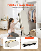 Oval Storage Ottoman Bench, Foldable Teddy Fleece End of Bed Bench, Folding Upholstered Bed Ottoman Chest with Large Storage Space, Supports 660 lbs, for Living Room, Bedroom, Entryway, Beige