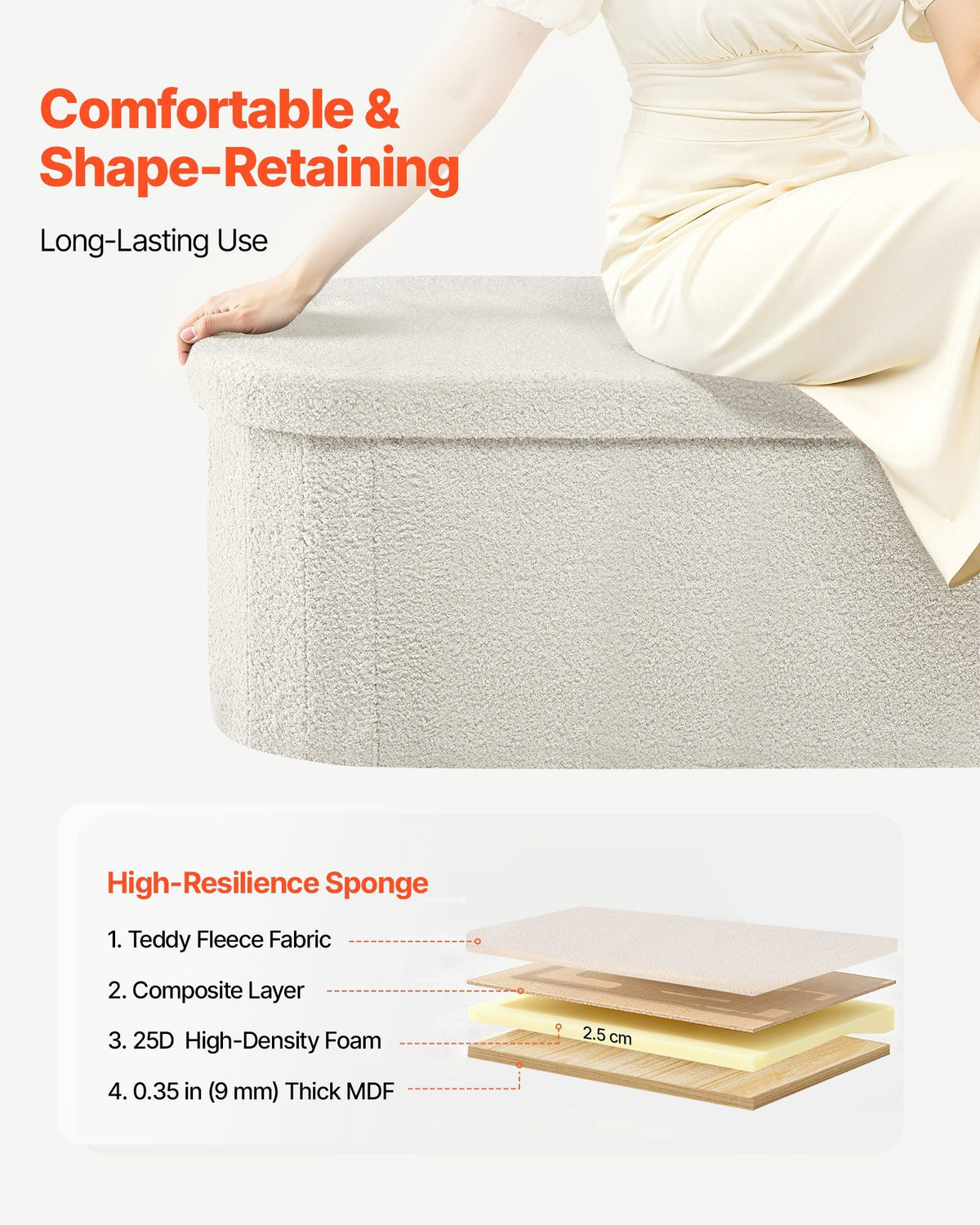 Oval Storage Ottoman Bench, Foldable Teddy Fleece End of Bed Bench, Folding Upholstered Bed Ottoman Chest with Large Storage Space, Supports 660 lbs, for Living Room, Bedroom, Entryway, Beige