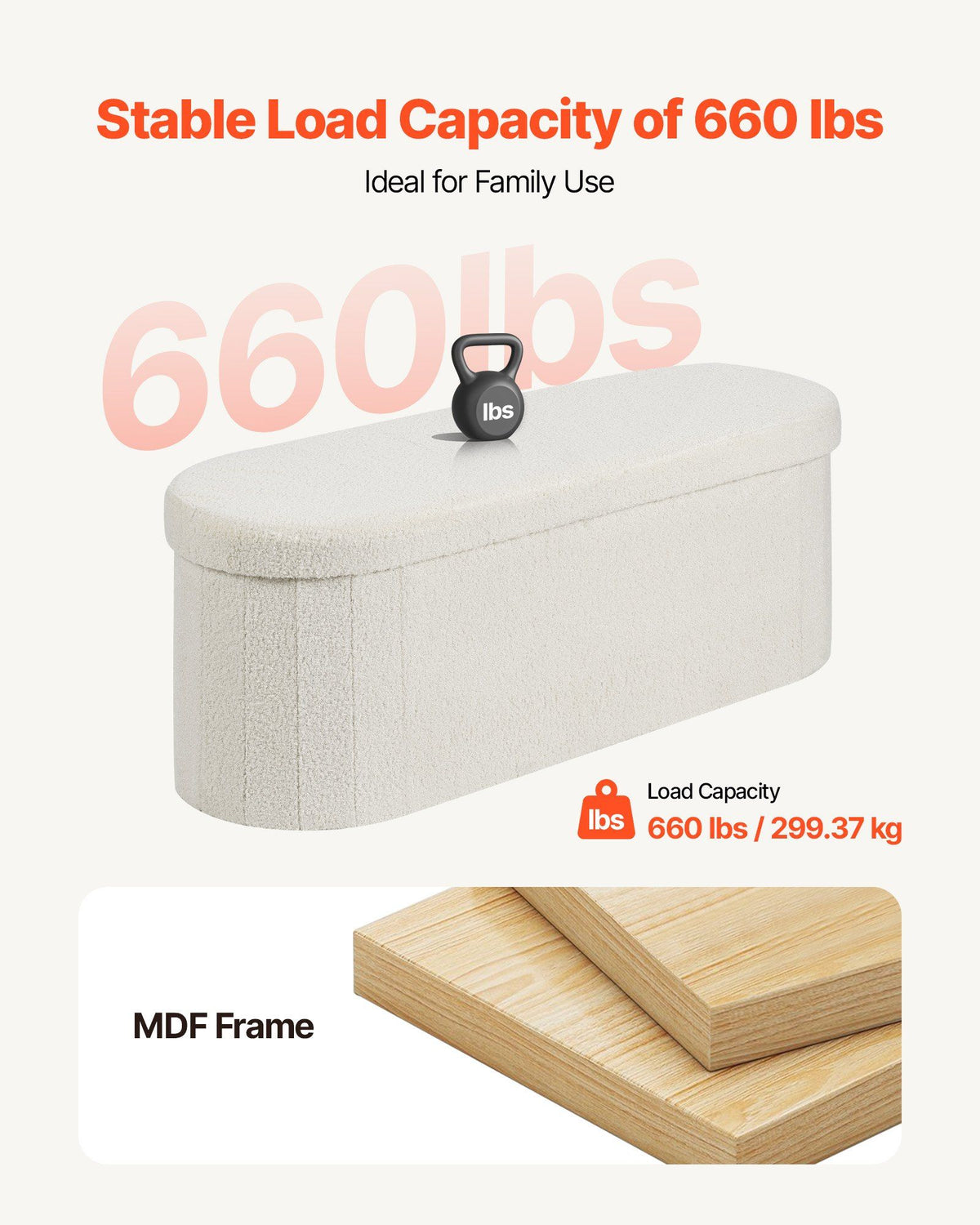 Oval Storage Ottoman Bench, Foldable Teddy Fleece End of Bed Bench, Folding Upholstered Bed Ottoman Chest with Large Storage Space, Supports 660 lbs, for Living Room, Bedroom, Entryway, Beige