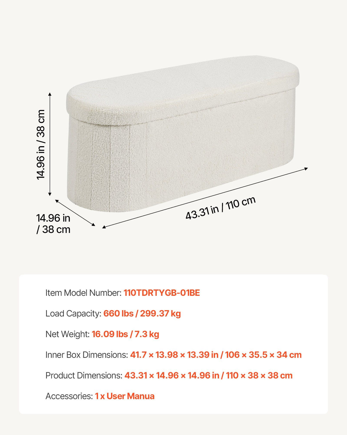 Oval Storage Ottoman Bench, Foldable Teddy Fleece End of Bed Bench, Folding Upholstered Bed Ottoman Chest with Large Storage Space, Supports 660 lbs, for Living Room, Bedroom, Entryway, Beige