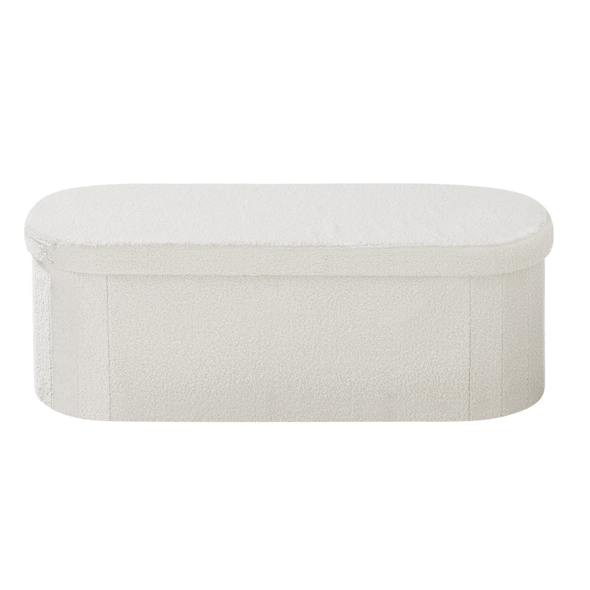 Oval Storage Ottoman Bench, Foldable Teddy Fleece End of Bed Bench, Folding Upholstered Bed Ottoman Chest with Large Storage Space, Supports 660 lbs, for Living Room, Bedroom, Entryway, Beige