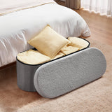 Oval Storage Ottoman Bench, Foldable Teddy Fleece End of Bed Bench, Folding Upholstered Bed Ottoman Chest with Large Storage Space, Supports 660 lbs, for Living Room, Bedroom, Entryway, Grey
