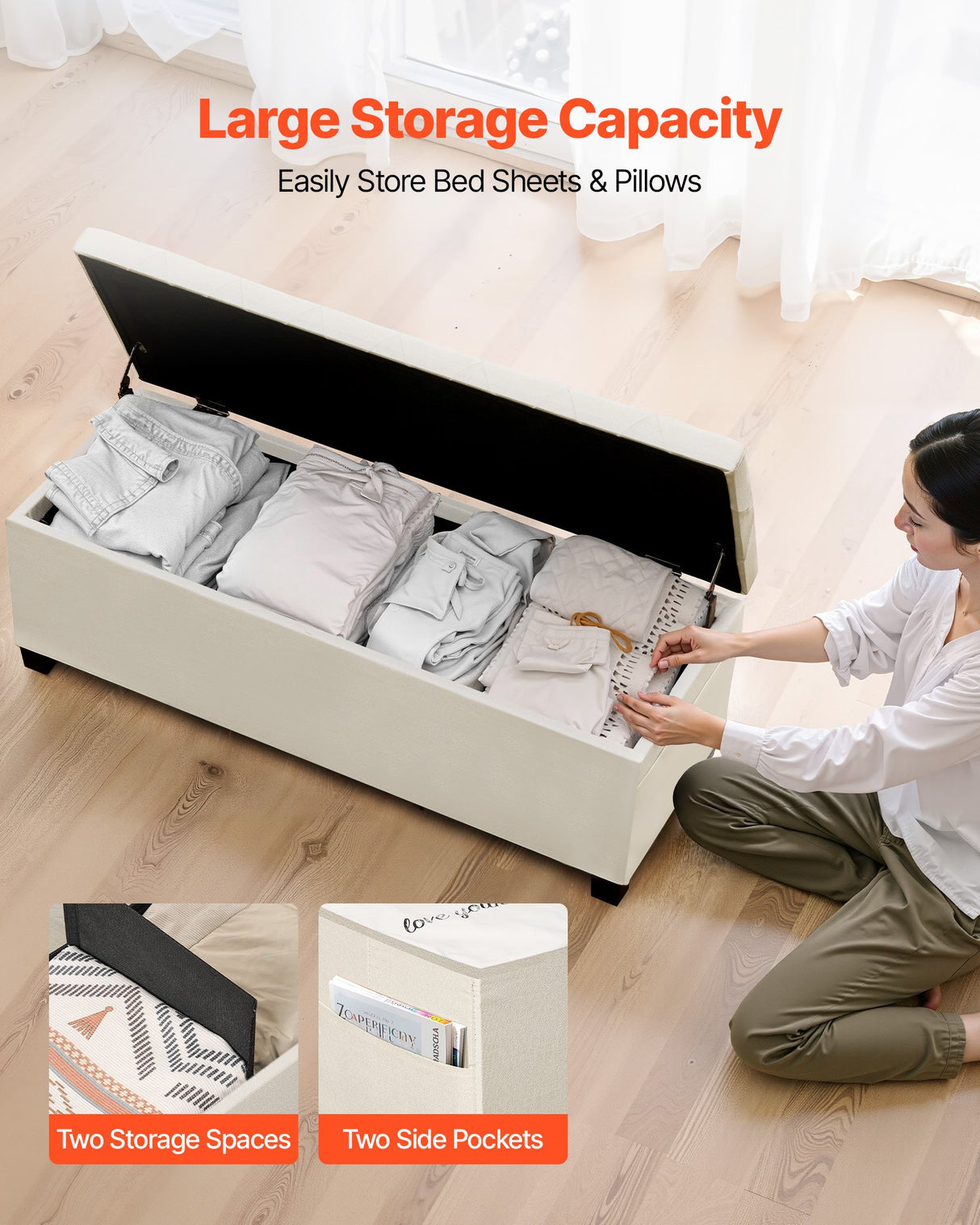 Storage Ottoman Bench, Button-Tufted End of Bed Bench with Side Bags, Flip-up Upholstered Storage Chest with Metal Frame, Linen Bed Ottoman for Living Room, Bedroom, Entryway, Office, Beige