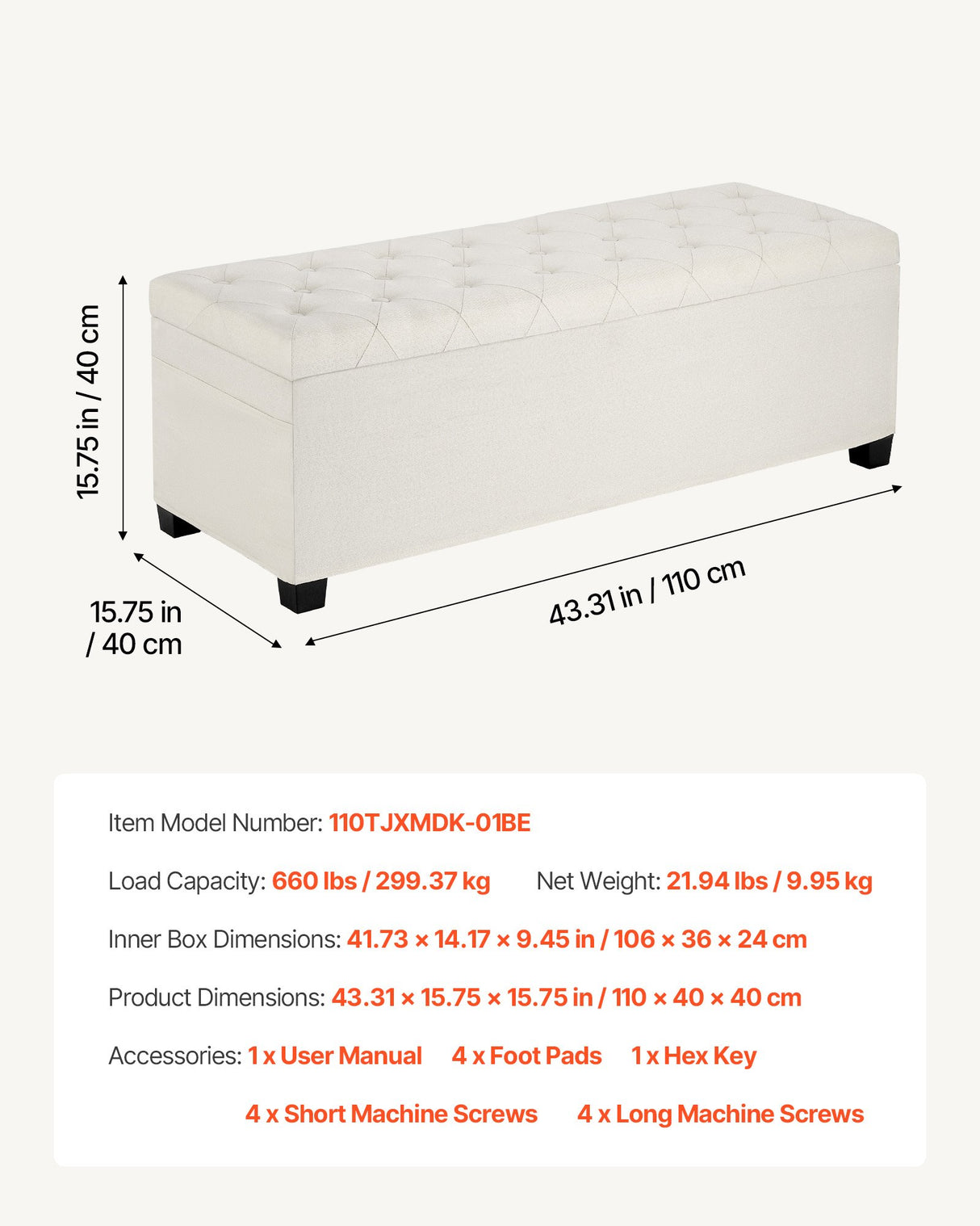 Storage Ottoman Bench, Button-Tufted End of Bed Bench with Side Bags, Flip-up Upholstered Storage Chest with Metal Frame, Linen Bed Ottoman for Living Room, Bedroom, Entryway, Office, Beige