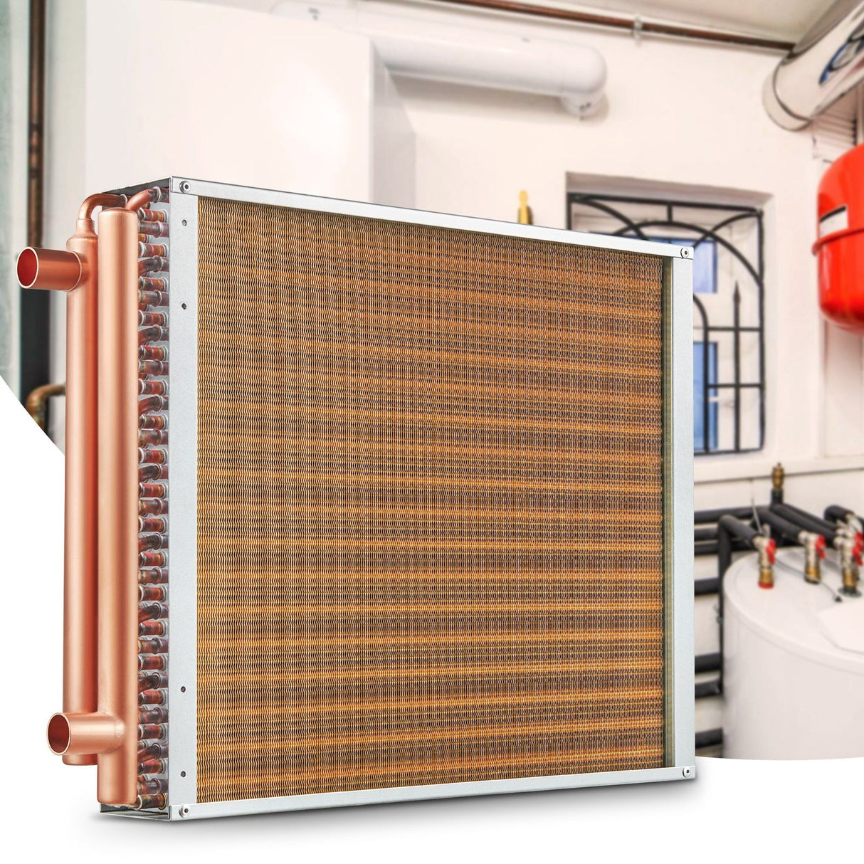 Heat Exchanger Water to Air, 18"x 20" with 3-Row 3/8" Copper Ports, 242 Aluminum Fins Heat Exchanger for Outdoor Wood Furnaces, Residential Heating and Cooling, and Forced Air Heating