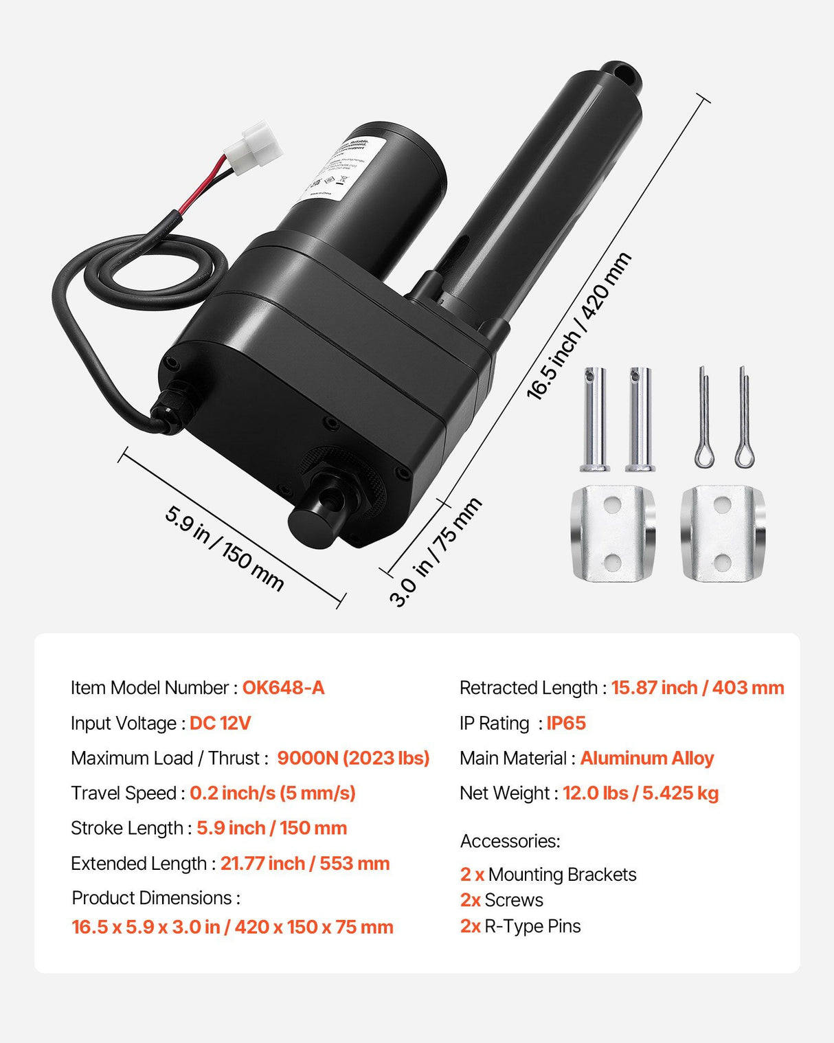 12V Linear Actuator, 150mm Stroke Ultra Heavy-Duty 9000N Linear Motion Actuator, IP65-Rated 5mm/s with Mounting Brackets for Industrial Machinery Vessels, Heavy Lifting Systems