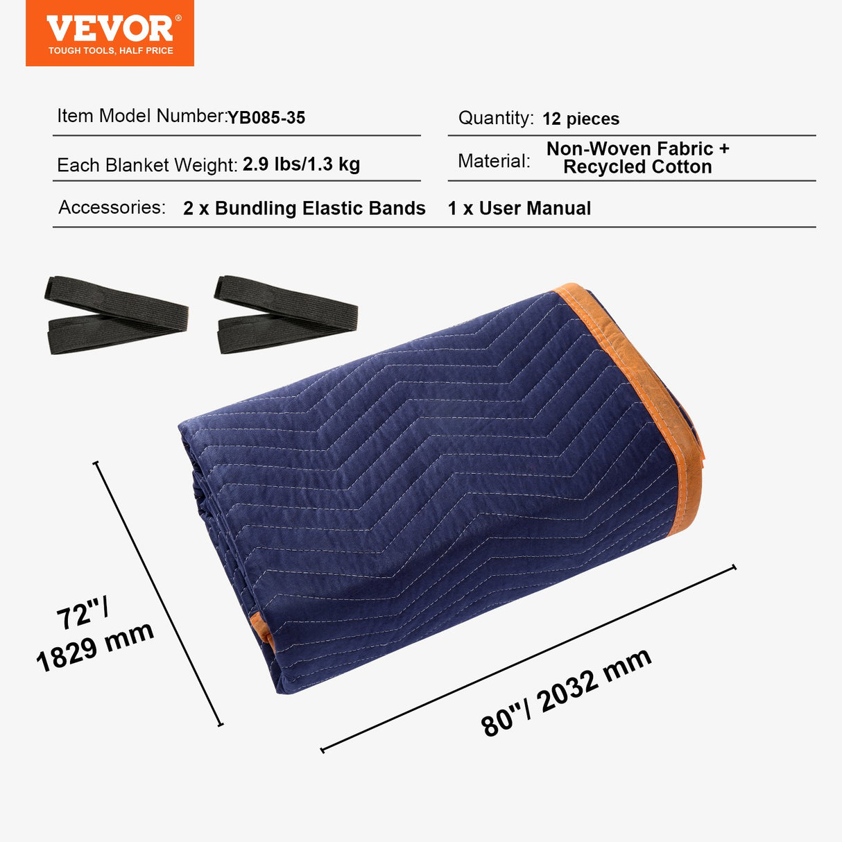 Moving Blankets, 2032 x 1829 mm, 15.6 kg/dz, 12 Packs, Professional Non-Woven & Recycled Cotton Packing Blanket, Heavy Duty Mover Pads for Protecting Furniture, Floors, Appliances, Blue/Orange
