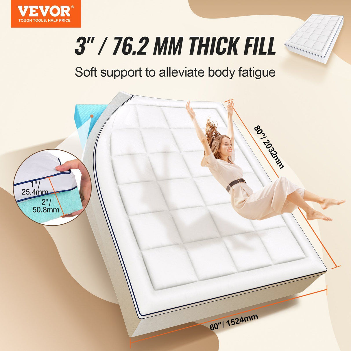 Mattress Topper, Queen Size, 76.2 mm Thickness, Memory Foam, Fiber Fill, Detachable & Washable, Ergonomically Designed for Pressure Relief, Comfortable Cooling & Breathable, for Hot Sleepers