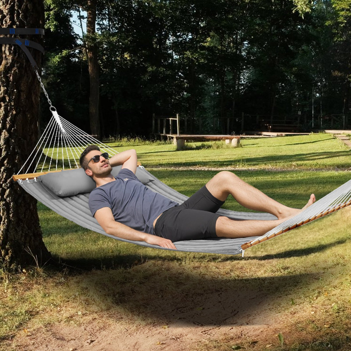 Double Quilted Fabric Hammock, 12 FT Double Hammock with Hardwood Spreader Bars, 2 Person Quilted Hammock with Detachable Pillow and Chains for Camping Outdoor Patio Yard Beach, 480 lbs Capacity