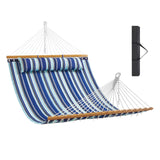 Double Quilted Fabric Hammock, 12 FT Double Hammock with Hardwood Spreader Bars, 2 Person Quilted Hammock with Detachable Pillow and Chains for Camping Outdoor Patio Yard Beach, 480 lbs Capacity