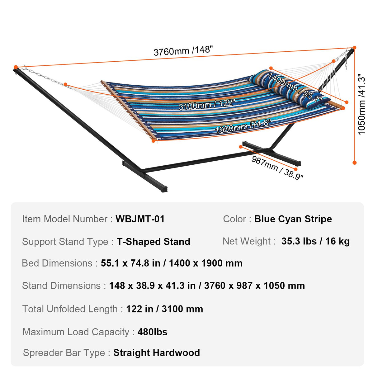 Double Quilted Fabric Hammock Two Person Hammock with Stand 480lb Capacity