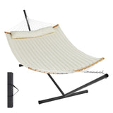 Two Person Hammock with Stand Included, Double Hammock with Curved Spreader Bar and Detachable Pillow and Portable Carrying Bag, Perfect for Outdoor Freestanding Hammock, 480lb Capacity