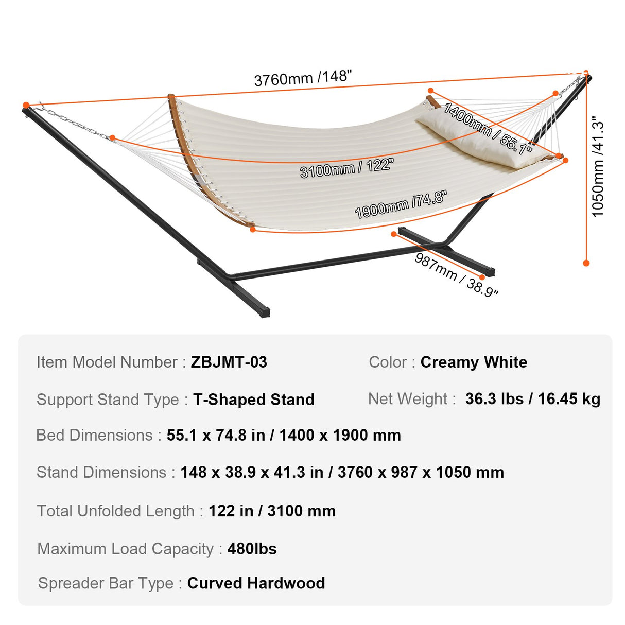 Two Person Hammock with Stand Included, Double Hammock with Curved Spreader Bar and Detachable Pillow and Portable Carrying Bag, Perfect for Outdoor Freestanding Hammock, 480lb Capacity