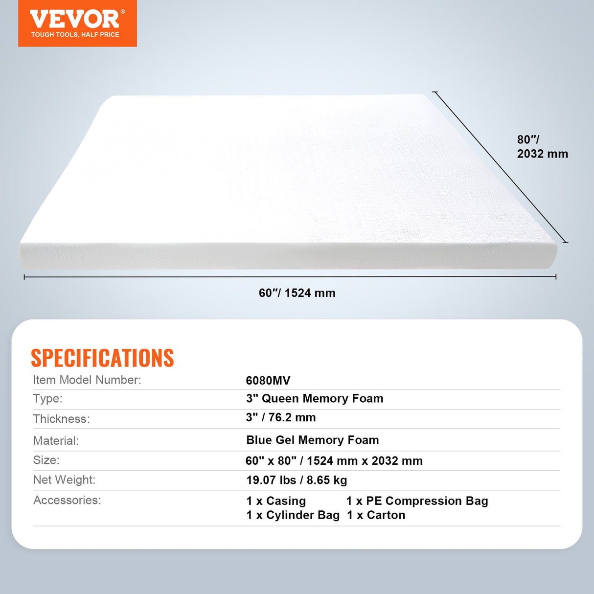 Mattress Topper Memory Foam Detachable & Washable Queen 76.2 mm Thickness
