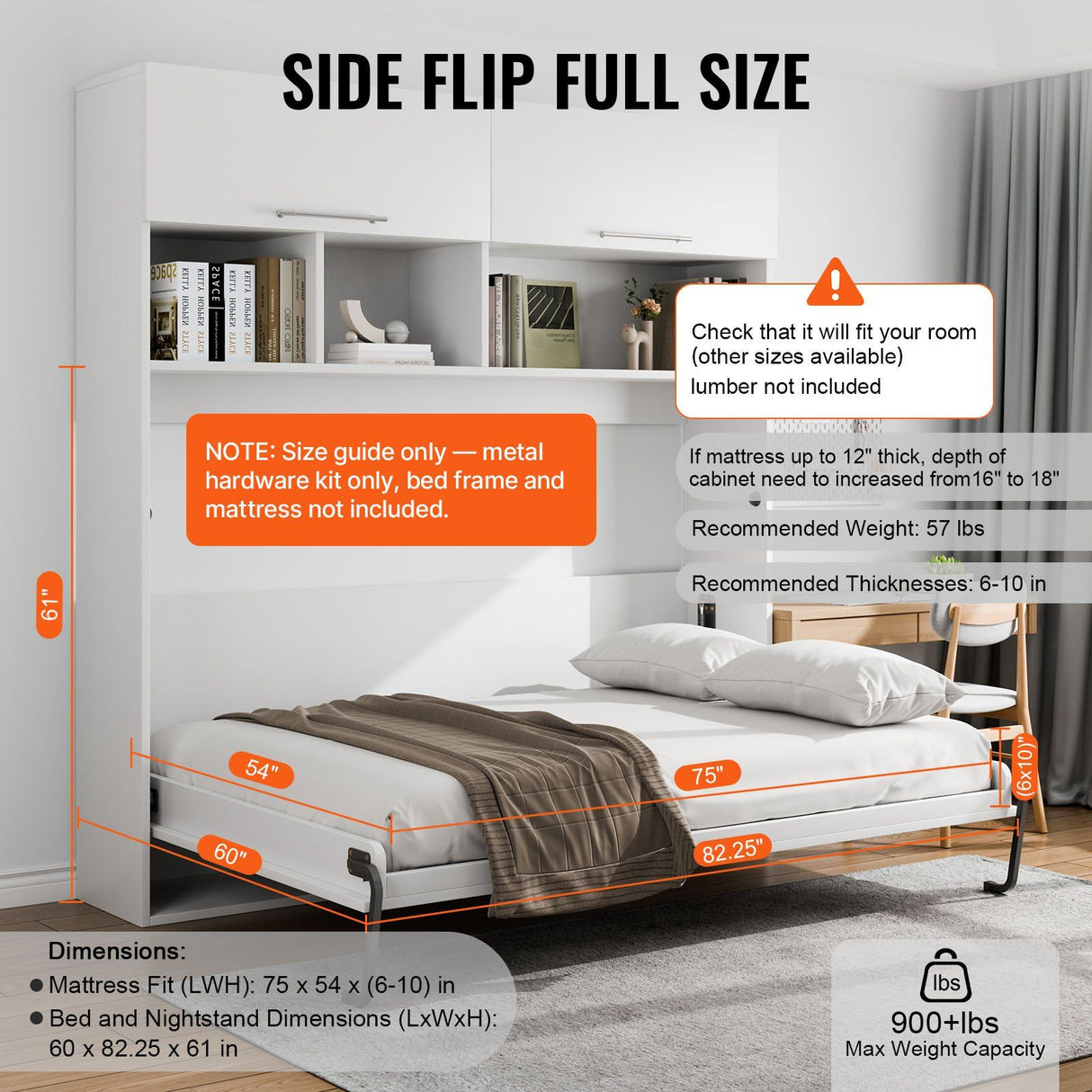 Murphy Bed Kit, Twin Size, Deluxe DIY Wall Bed Mechanical Hardware Kit, Pneumatic Lever Heavy Duty Bed Frame Support, Folding Cabinet Wall Bed Space Saving Design for Guestroom, Easy to Build
