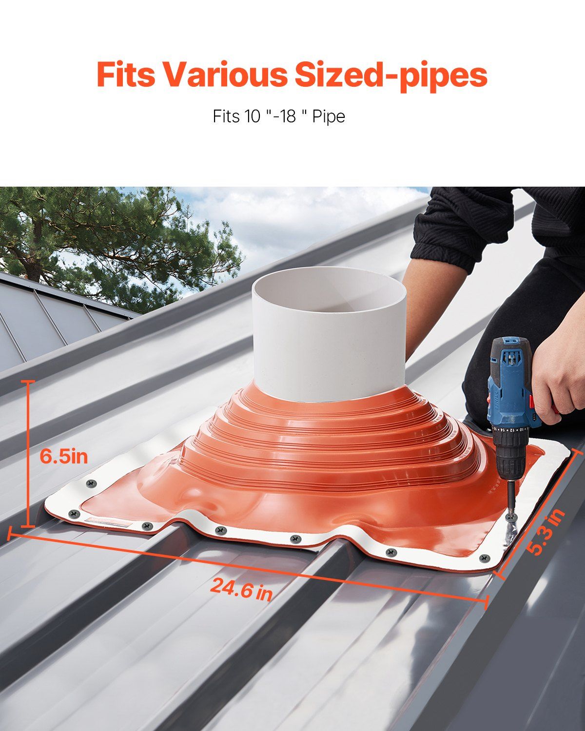 Roof Pipe Flashing Boot, Fit Pipe OD 254 to 457 mm, Flexible Silicone Roofing Jack Pipe Flashing, High Temp -74℃ to 225℃, Lasting Square Metal Base, for Chimney, Wood Stove & Outdoor Vent Pipes