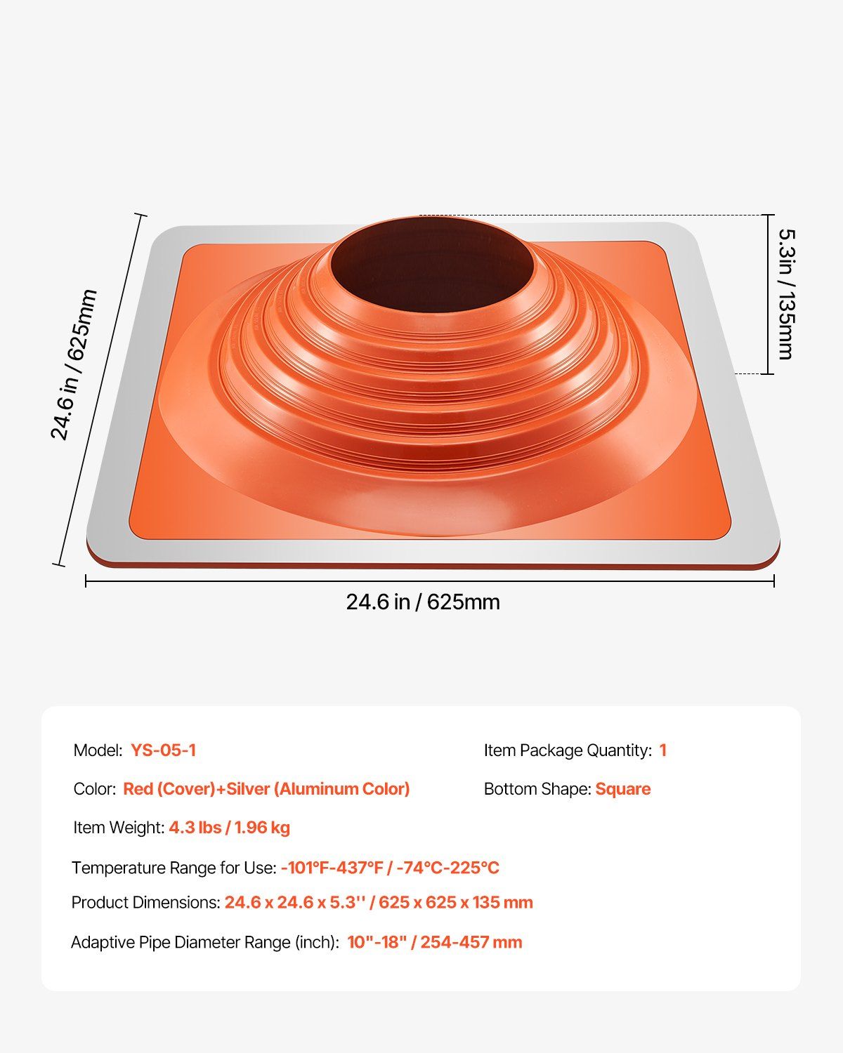 Roof Pipe Flashing Boot, Fit Pipe OD 254 to 457 mm, Flexible Silicone Roofing Jack Pipe Flashing, High Temp -74℃ to 225℃, Lasting Square Metal Base, for Chimney, Wood Stove & Outdoor Vent Pipes