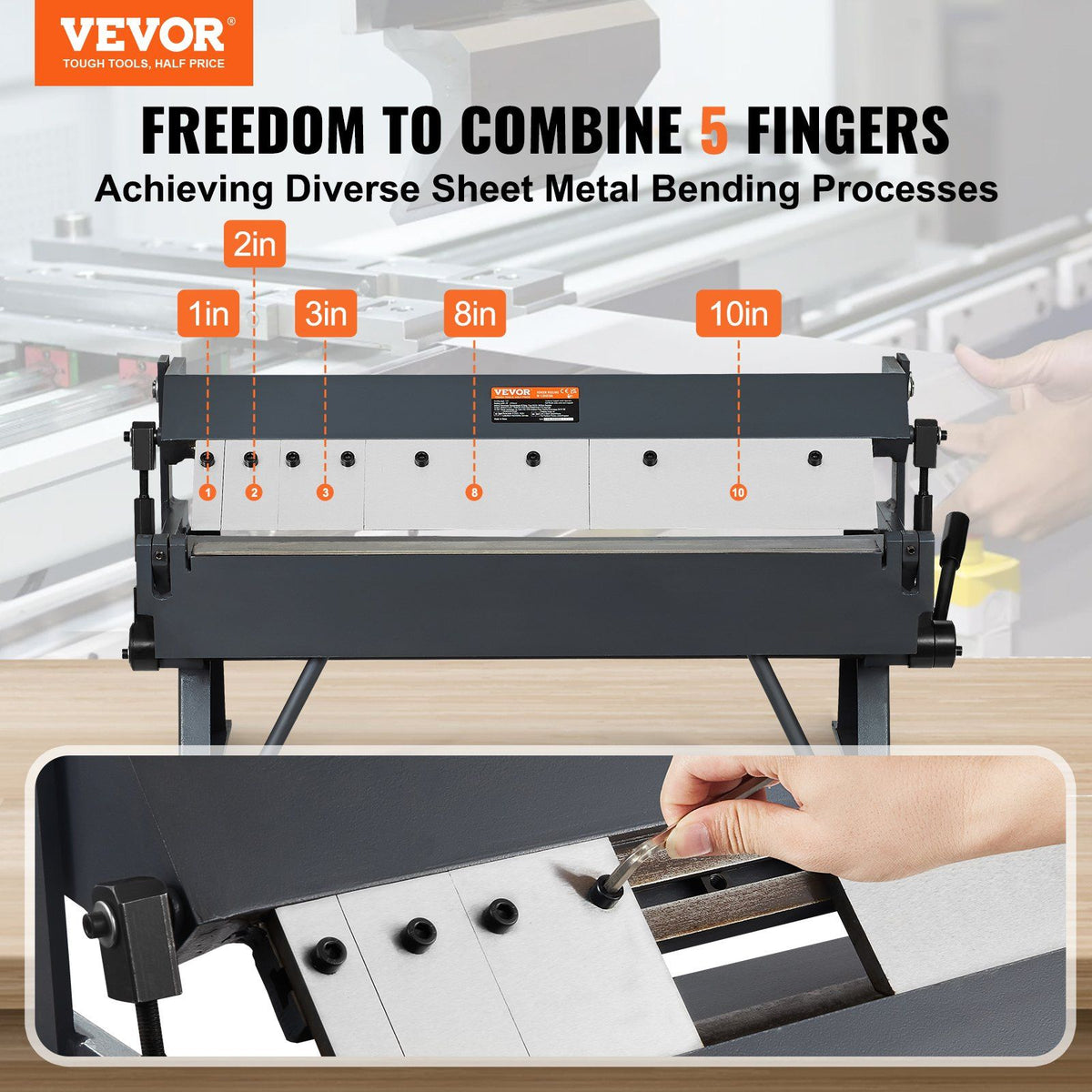 Box and Pan Brake, 610 ± 10 mm, 0-130 Degrees Sheet Metal Bending Brake, Portable Metal Bender with 20 Gauge Low Carbon Steel 14 Gauge Aluminum Capacity, 5 Adjustable Fingers for Metal Bending