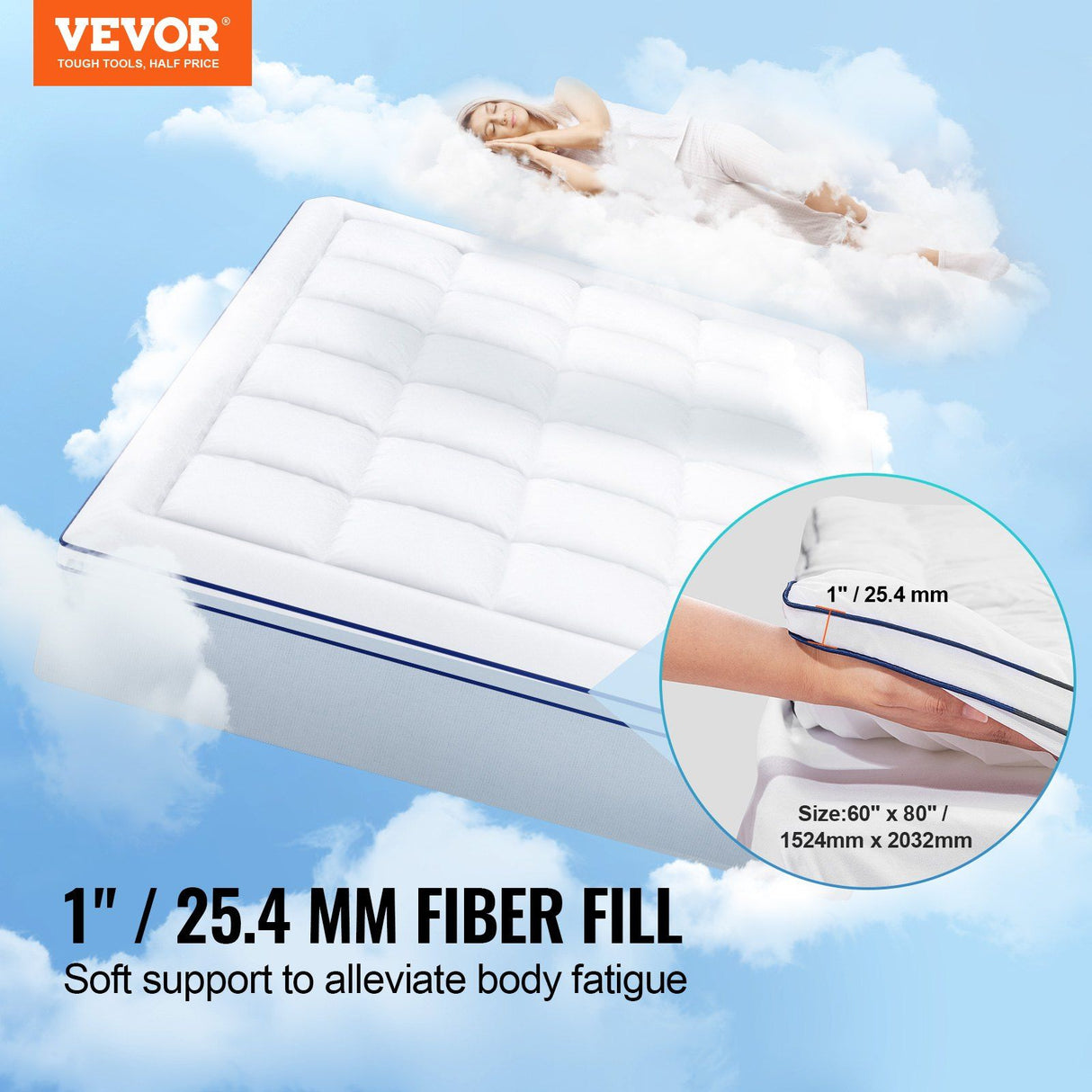 Mattress Topper, Queen Size, 25.4 mm Thickness, Fiber Fill Pad with Detachable & Washable, Comfortable, Supportive, Cooling, Breathable, with Detachable Bedside Pocket for Holding Small Items
