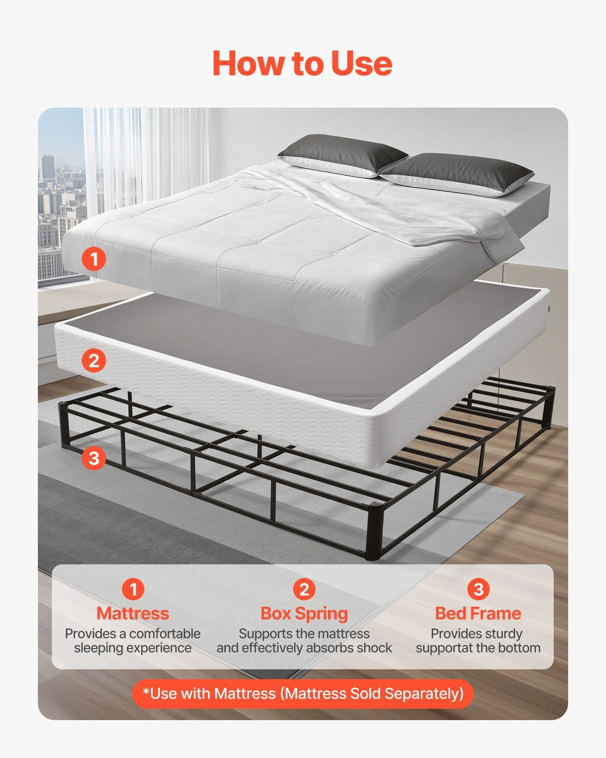 Box Spring, King Size Bed Frame with Washable Fabric Cloth, Heavy Duty Metal Frame for King Bed, 230 mm Mattress Foundation, 1587.57 kg Max Weight Capacity, Easy Assembly, 2010 x 1925 x 230 mm