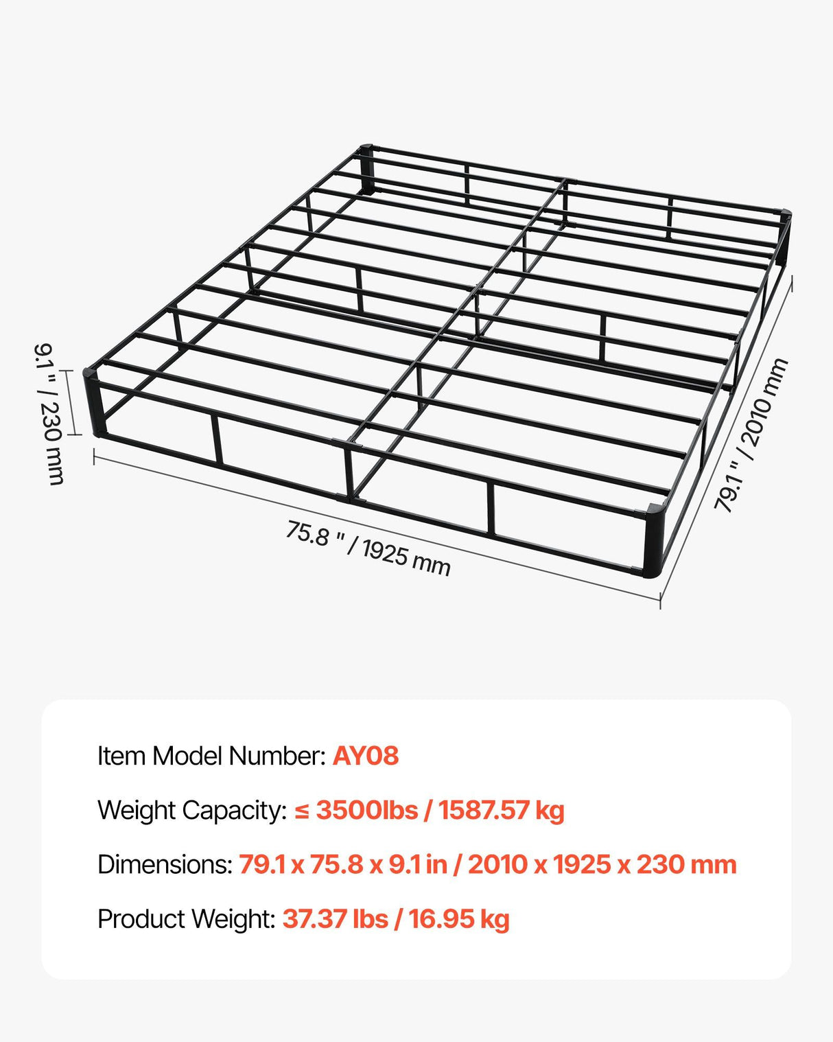 Box Spring, King Size Bed Frame with Washable Fabric Cloth, Heavy Duty Metal Frame for King Bed, 230 mm Mattress Foundation, 1587.57 kg Max Weight Capacity, Easy Assembly, 2010 x 1925 x 230 mm