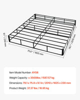 Box Spring, King Size Bed Frame with Washable Fabric Cloth, Heavy Duty Metal Frame for King Bed, 230 mm Mattress Foundation, 1587.57 kg Max Weight Capacity, Easy Assembly, 2010 x 1925 x 230 mm