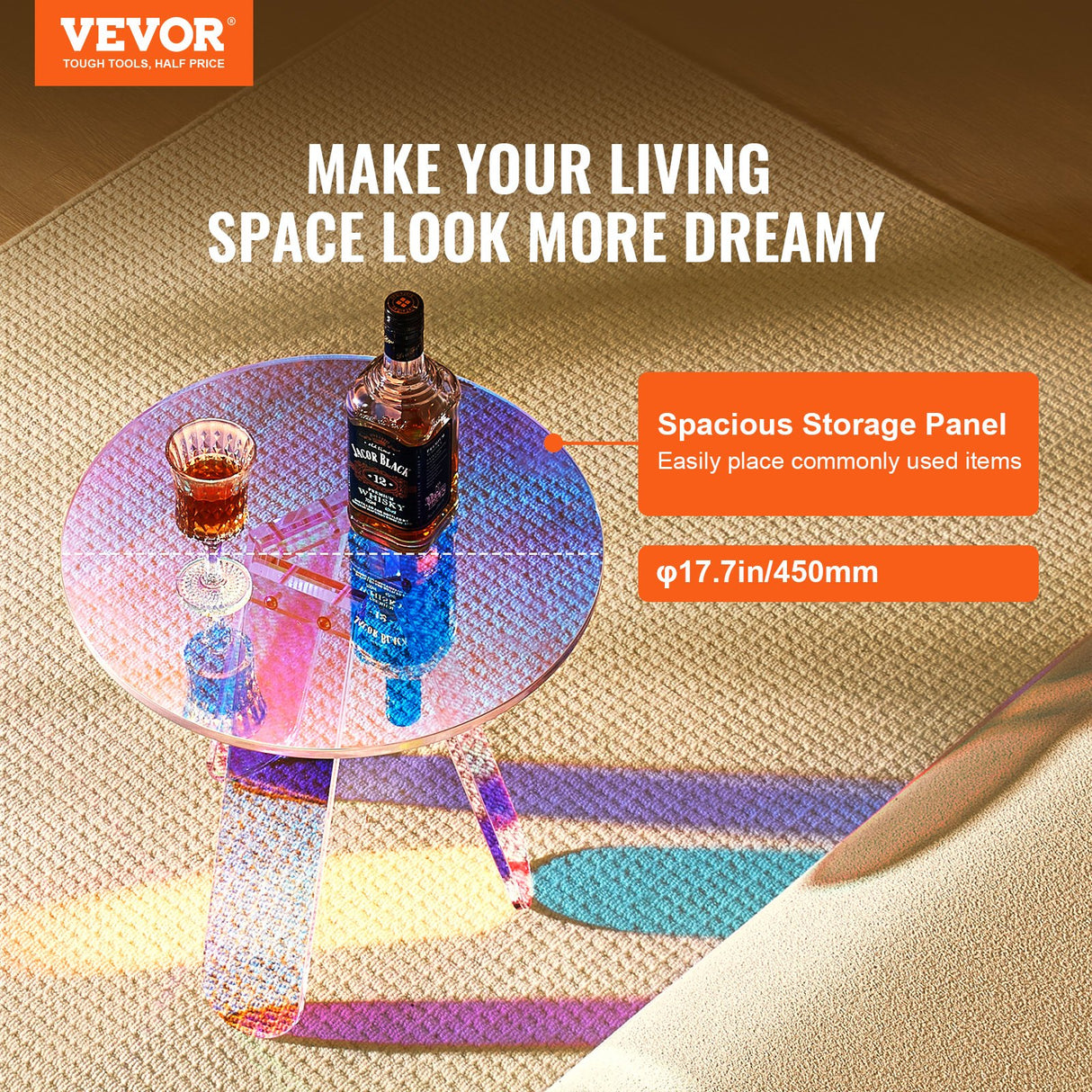 VEVOR Round Iridescent Side Table, Acrylic End Table, Clear Rainbow Acrylic Coffee Table for Drink, Food, Snack used in Living Room, Bedroom, and Study