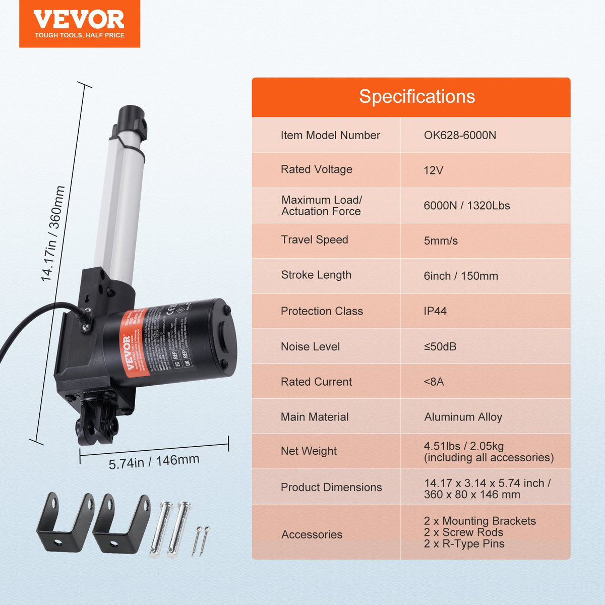 Linear Actuator 12V, 6 Inch Heavy Duty 1320lbs/6000N Linear Actuator, 0.19"/s Linear Motion Actuator with Mounting Bracket & IP44 Protection for Electric Door Industrial Machinery Vessels Cargo