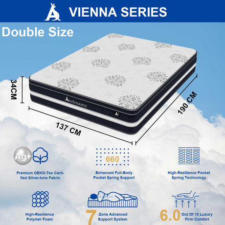 Audreamy Vienna Mattress – 34cm Euro Top Super Cool Gel Foam 7-Zone Pocket Spring Medium Firm (Double)