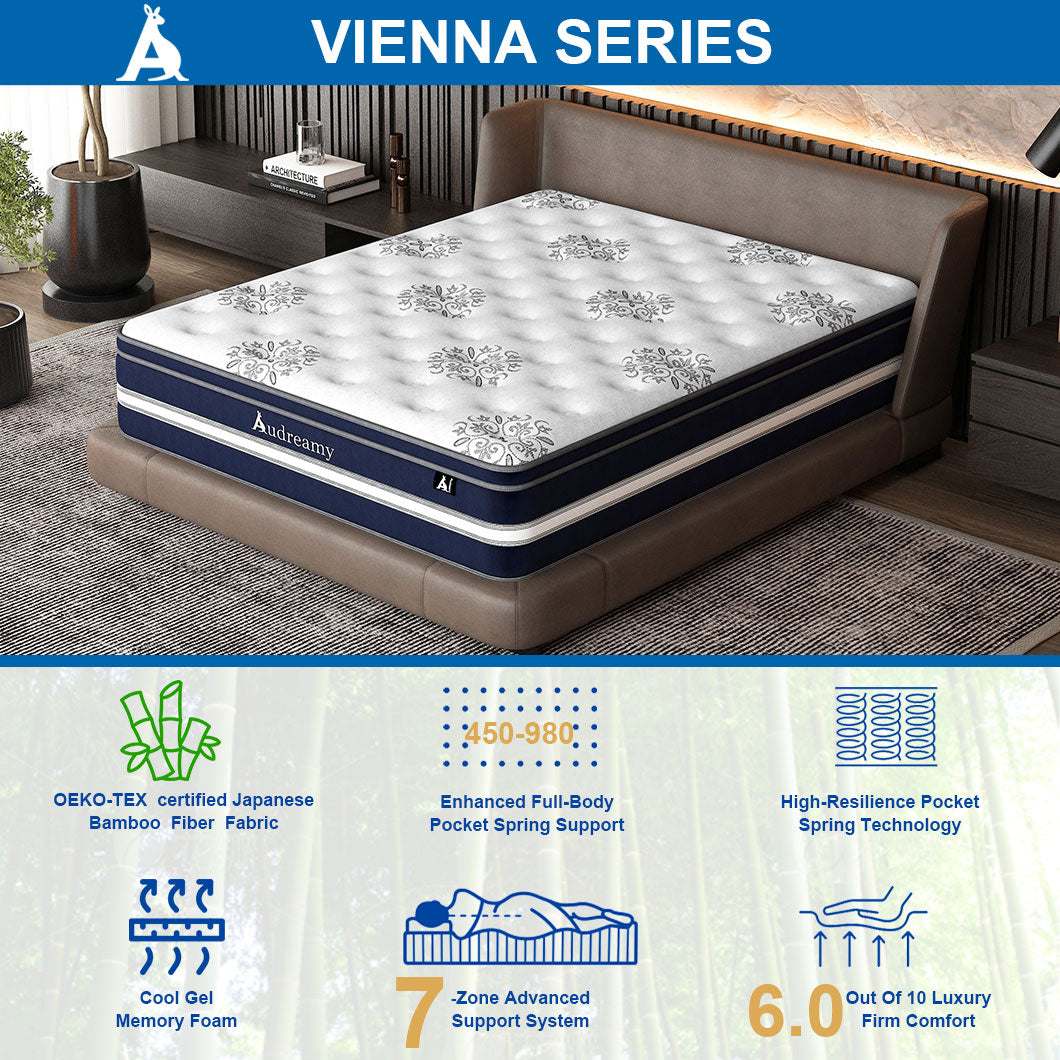 Audreamy Vienna Mattress – 34cm Euro Top Super Cool Gel Foam Bamboo Fiber Fabric 7-Zone Pocket Spring Medium Firm (Queen)