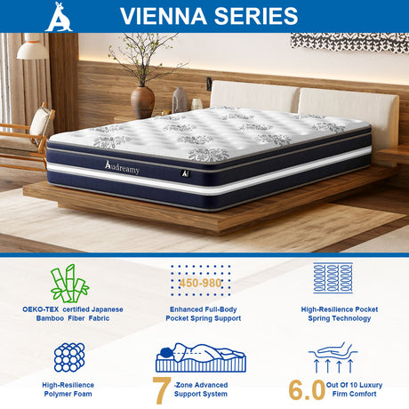 Audreamy Vienna Mattress – 34cm Euro Top Super Cool Gel Foam Bamboo Fiber Fabric 7-Zone Pocket Spring Medium Firm (Queen)