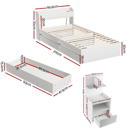 Artiss Single Bed Frame with Charging Ports and Bedside Table