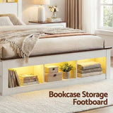 Artiss Double Bed Frame with Storage Bookcase Headboard and Footboard White Wooden Platform Bed with Charging Station and Led Light Bedroom Furniture
