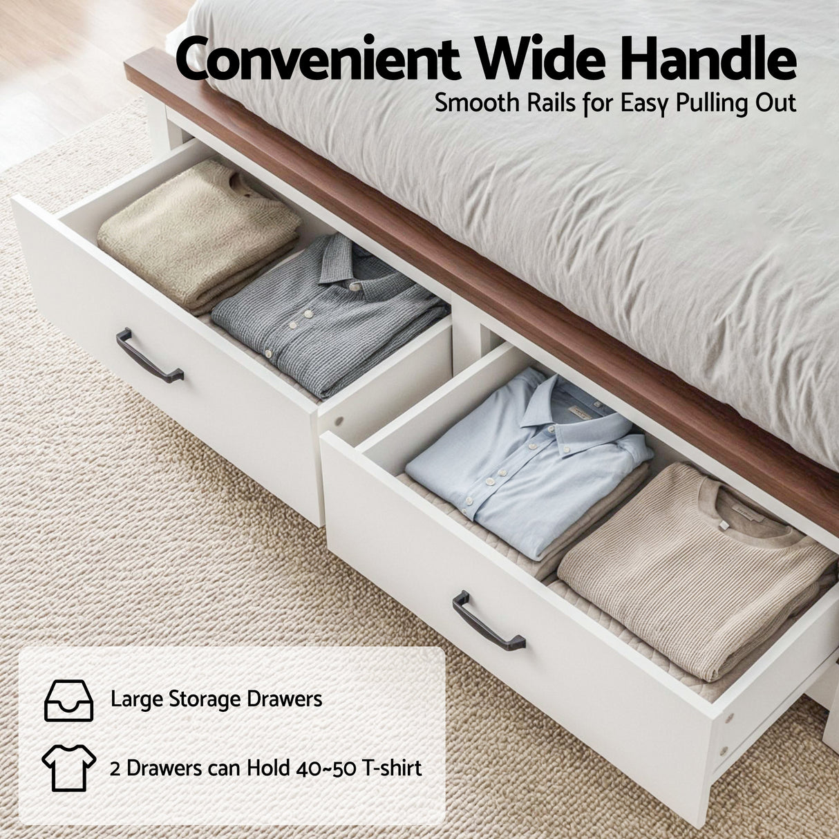 Artiss Double Wooden Bed Frame with 2 Drawer Platform Bed with 108cm Solid High Headboard White Bed Base for Bedroom Easy Assembly