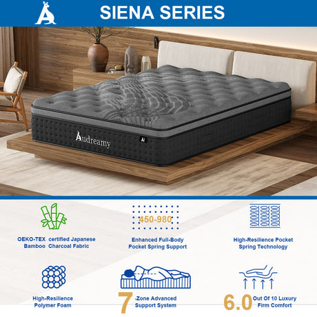 Audreamy Siena Mattress – 35cm Plush Euro Top Bamboo Charcoal Fabric 7-Zone Pocket Spring Medium Firm All Sizes